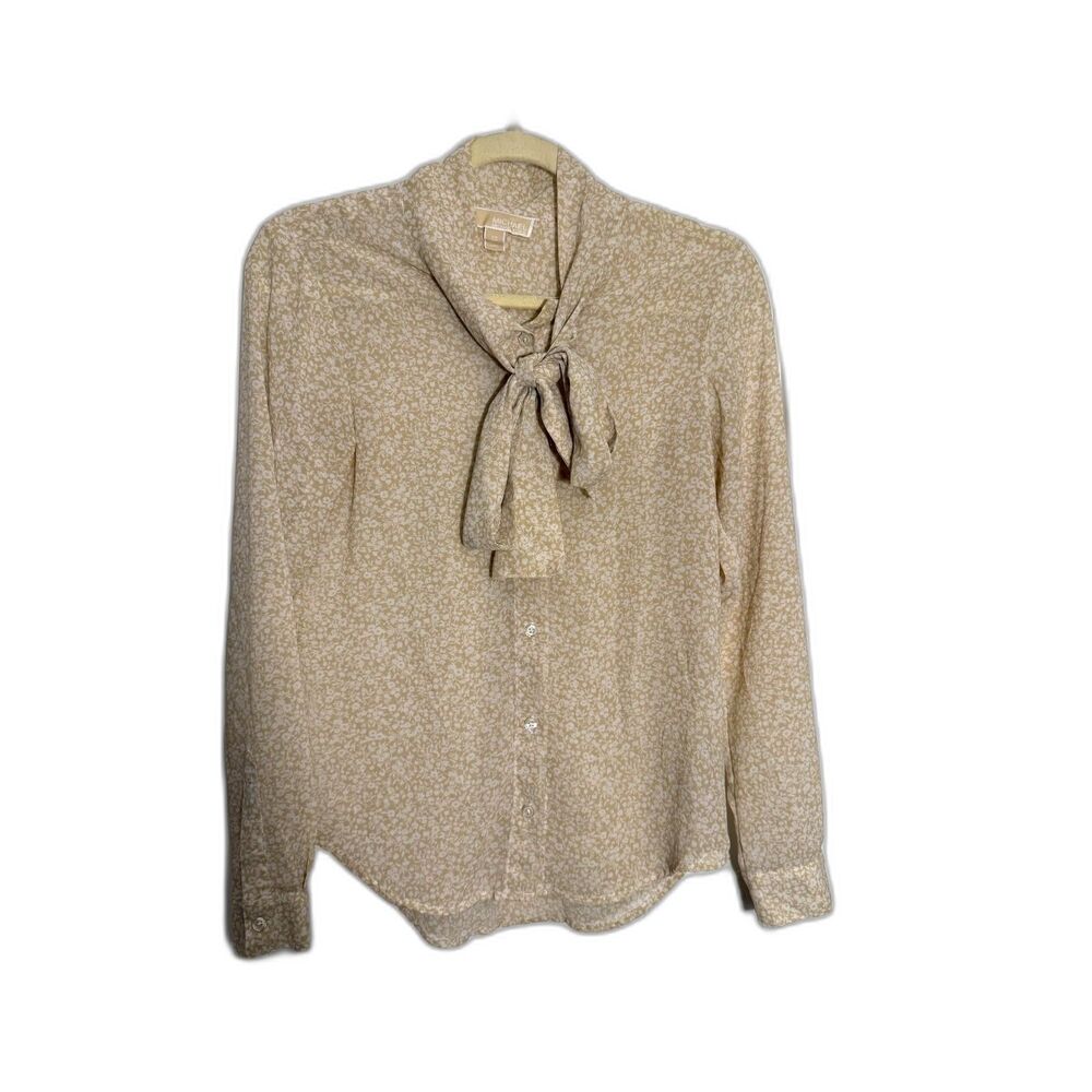 Michael Kors Tan and White Floral Tie Neck Blouse Top